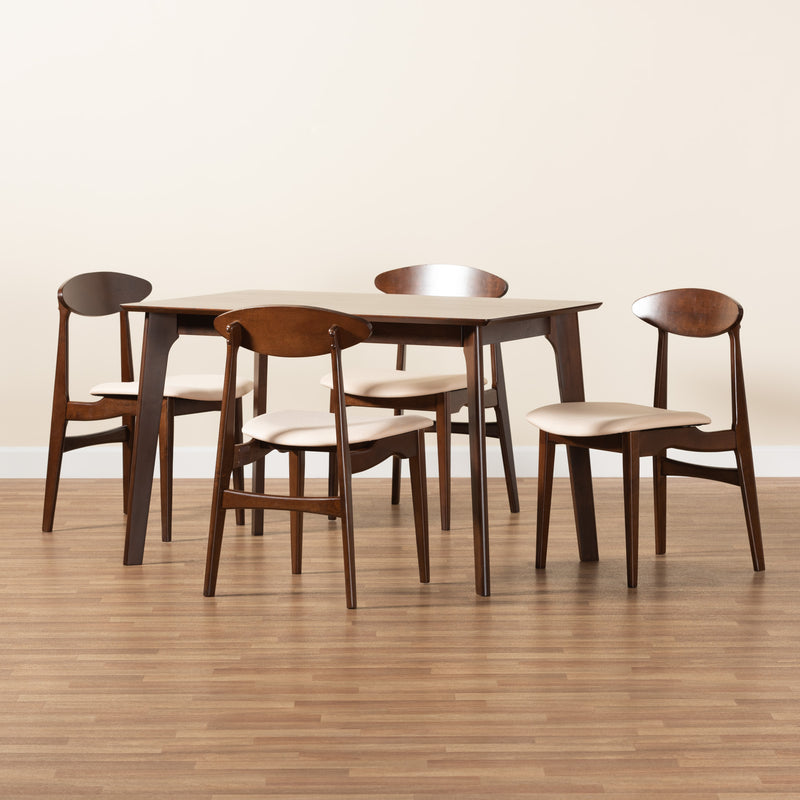 Daria Dining Set Mid-Century Modern 5-Piece Cream Fabric and Dark Brown Wood Furniture for Stylish Dining Rooms