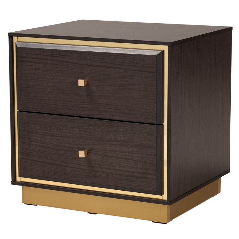 Arcelia Queen Size Bedroom Set Contemporary Glam 4-Piece Collection in Two-Tone Dark Brown and Gold Finished Wood with Stylish Storage Chest