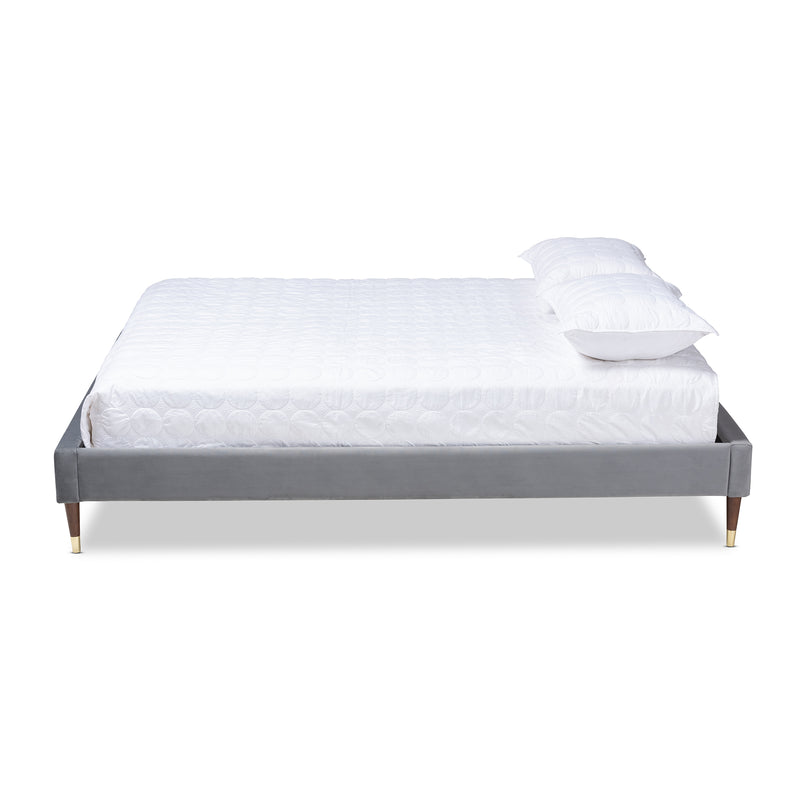 Volden Bed Frame - Glam and Luxe Charcoal Velvet Fabric Upholstered Wood Platform with Gold-Tone Leg Tips