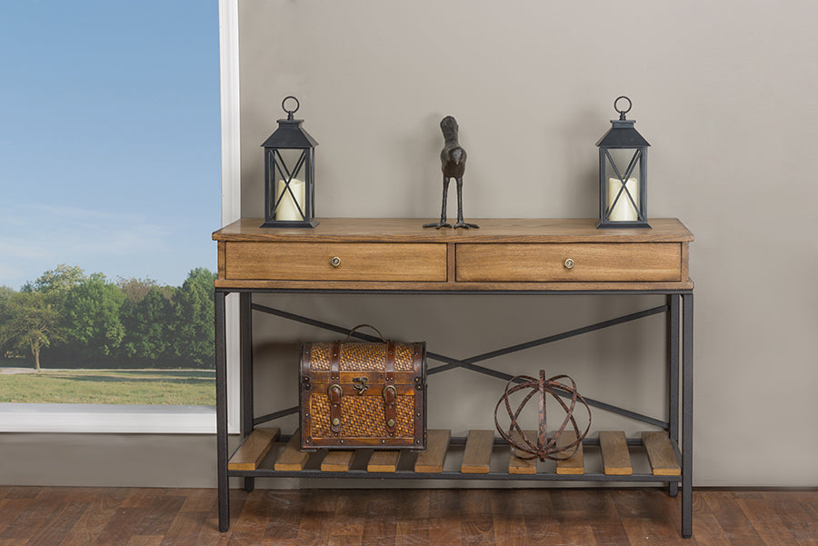 Newcastle Console Table Wood and Metal Criss-Cross Design for Entryway or Living Room Furniture