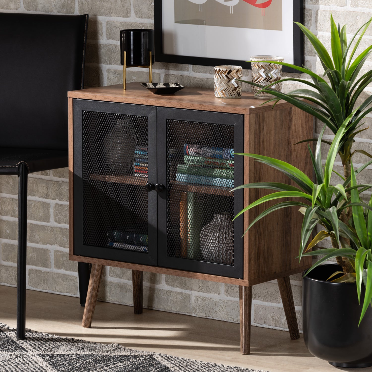 Yuna Storage Cabinet Mid-Century Modern Design in Natural Brown Wood and Black Metal with 2 Doors for Stylish Organization