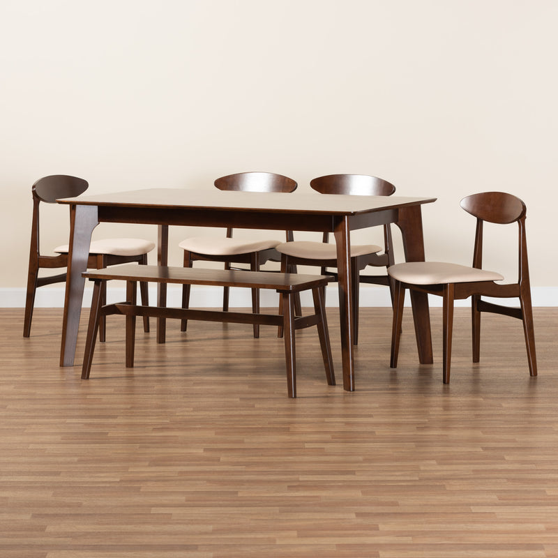 Daria Dining Set Mid-Century Modern 6-Piece Cream Fabric and Dark Brown Wood Collection for Stylish Dining Rooms