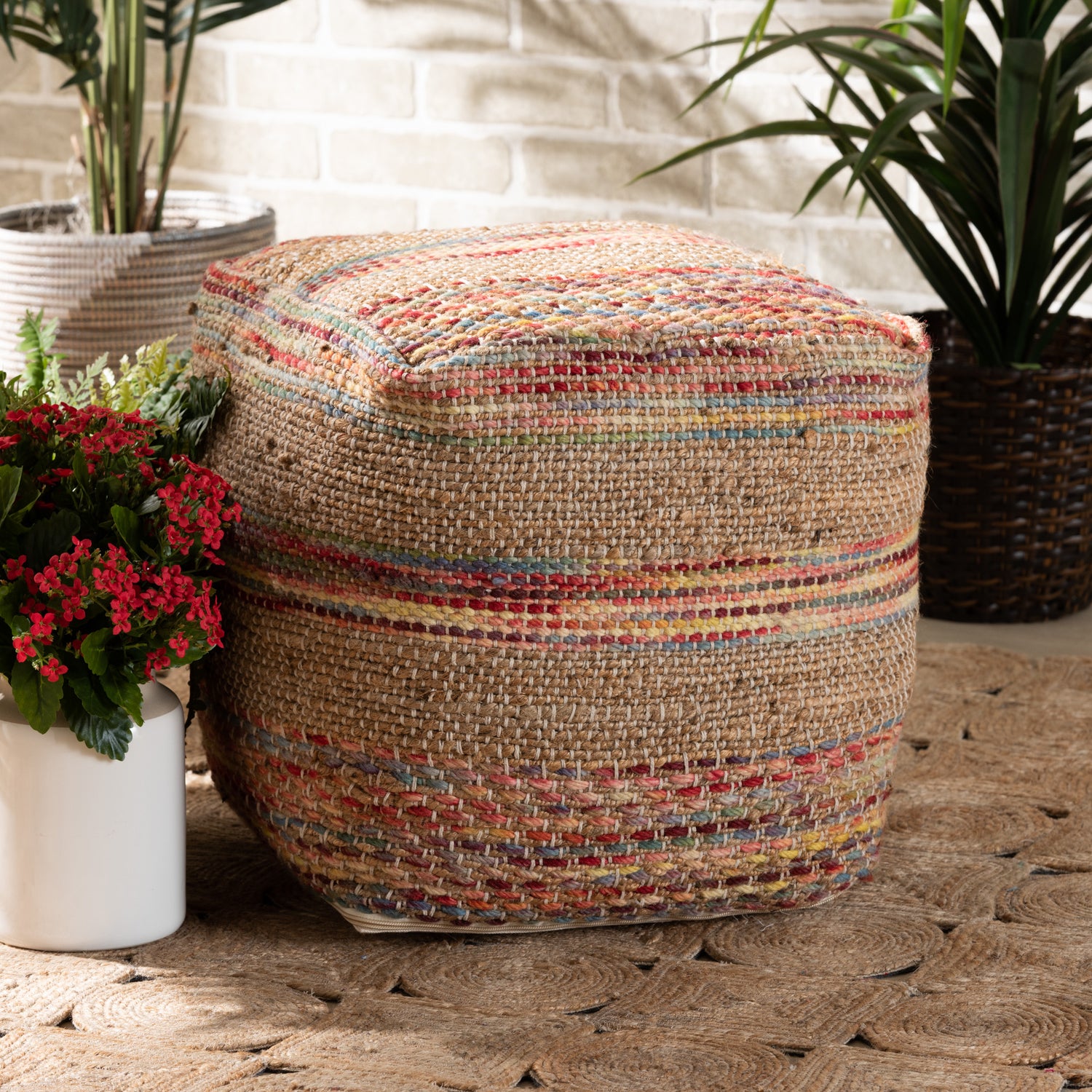 Caiman Handwoven Hemp Pouf Ottoman Moroccan Inspired Multicolored Design for Stylish Home Decor and Comfortable Seating