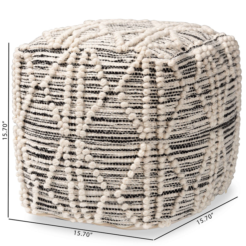 Sentir Pouf Ottoman Modern Moroccan Inspired Handwoven Wool Blend in Ivory and Black