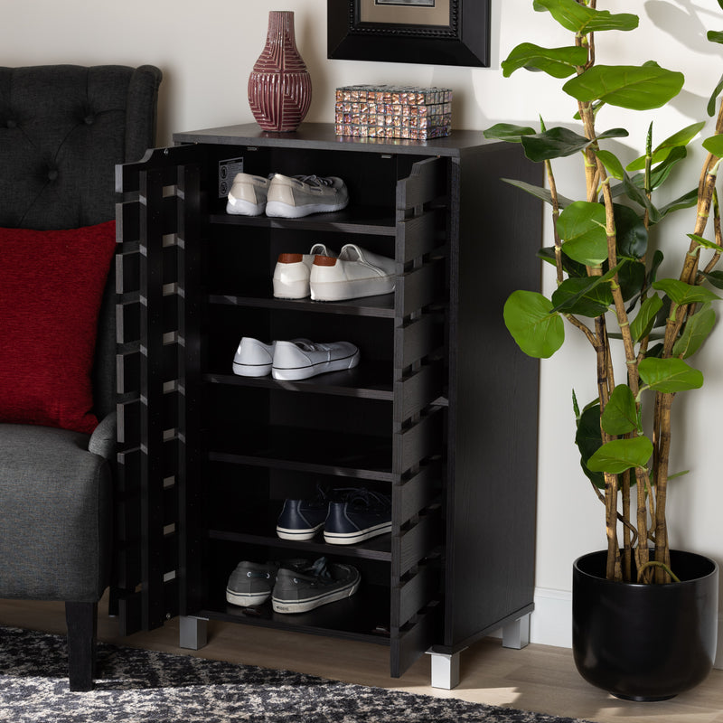 Ernest Shoe Storage Cabinet in Dark Brown Finished Wood with 2 Doors for Organized Footwear