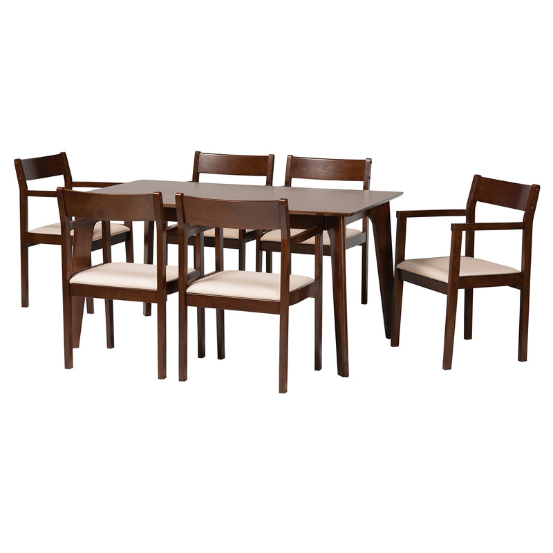 Helene Mid-Century Modern Dining Set 7-Piece Cream Fabric and Dark Brown Finished Wood for Stylish Dining Rooms