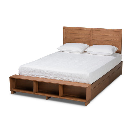 Alba Platform Storage Bed - Modern Transitional Ash Walnut Brown Finished Wood with 4 Drawers and Built-In Shelves