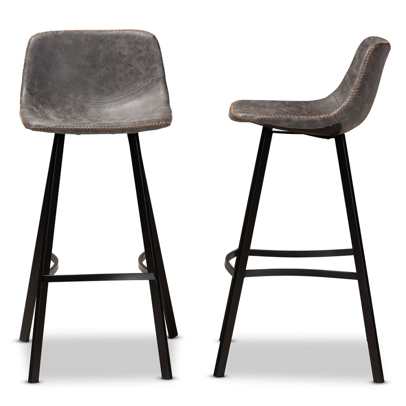 Tani Bar Stool Set - Rustic Industrial Grey and Brown Faux Leather Upholstered 2-Piece Metal Bar Stools with Black Finish