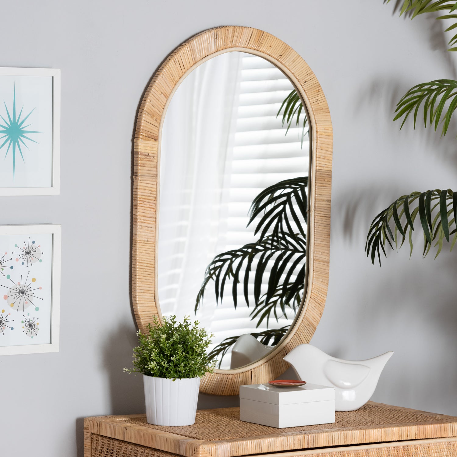 Bella Oval Mirror - Modern Bohemian Design in Natural Brown Mahogany and Rattan Finish