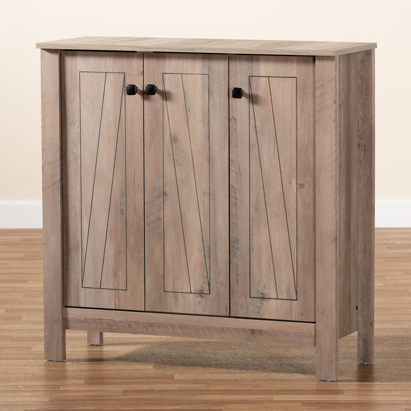 Derek Shoe Cabinet - Modern Rustic Oak Finished Wood with 3 Doors for Stylish Storage Solutions