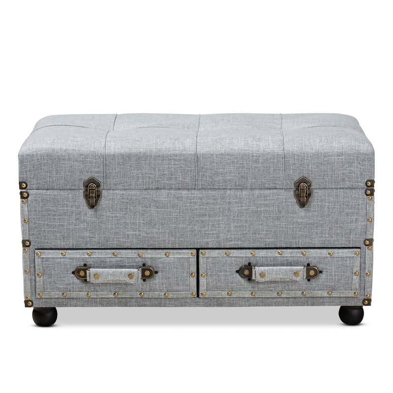 Flynn Modern Transitional Ottoman Grey Fabric Upholstered Storage Trunk with 2 Drawers for Stylish Organization and Versatile Seating