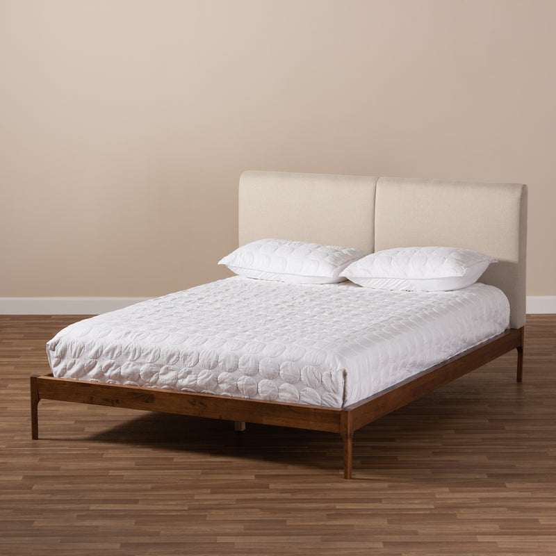 Aveneil Platform Bed - Mid-Century Modern Beige Fabric Upholstered with Walnut Finish