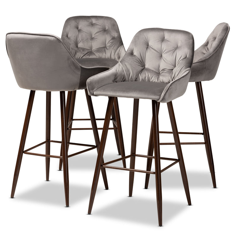 Catherine Bar Stool Set Modern and Contemporary Grey Velvet Fabric Upholstered Walnut Finished 4-Piece