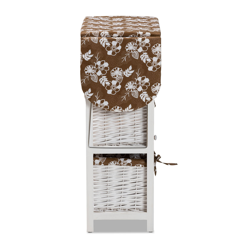 Abril Multi-Colored Fabric Upholstered Ironing Board Cabinet with Drop Leaf Design and White Wood Finish, Includes Woven Storage Baskets