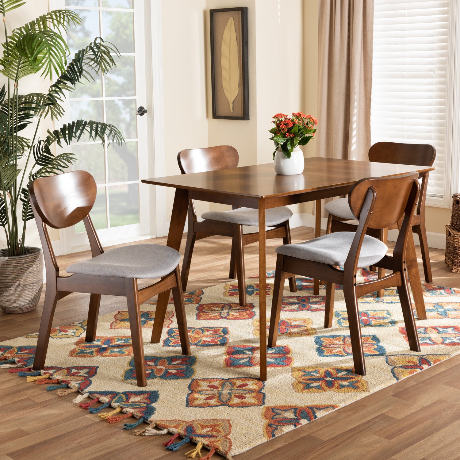 Katya Dining Set Mid-Century Modern Grey Fabric Upholstered Walnut Brown Finished Wood 5-Piece