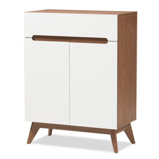 Calypso Mid-Century Modern Shoe Cabinet with White and Walnut Wood Storage