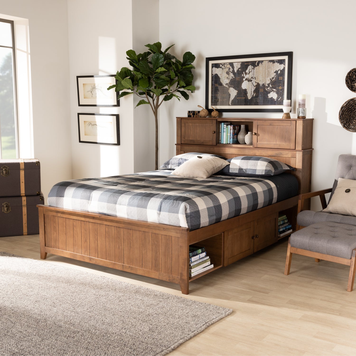 Riko Queen Size Platform Storage Bed - Modern Contemporary Design in Walnut Brown Finished Wood