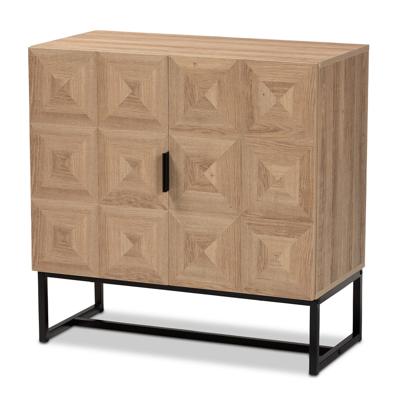 Darien Storage Cabinet Modern Contemporary Design Natural Brown Wood Black Metal 2 Doors for Stylish Organization