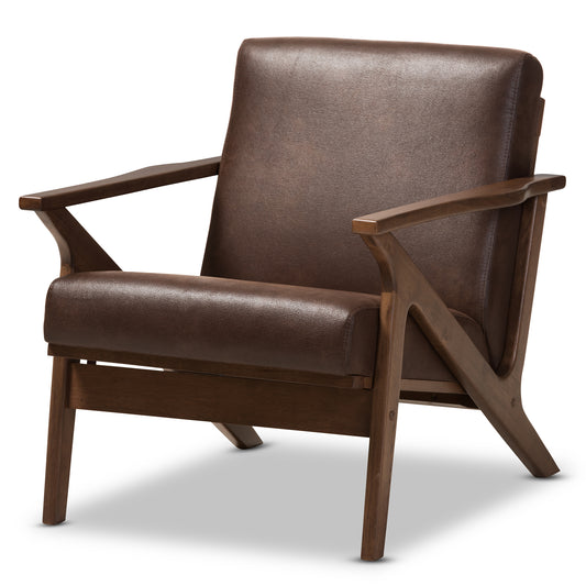 Bianca Lounge Chair Mid-Century Modern Walnut Wood Dark Brown Distressed Faux Leather