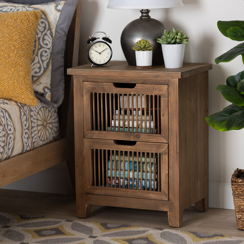 Clement Rustic Transitional End Table Medium Oak Finished Wood with 2 Drawers and Spindle Design