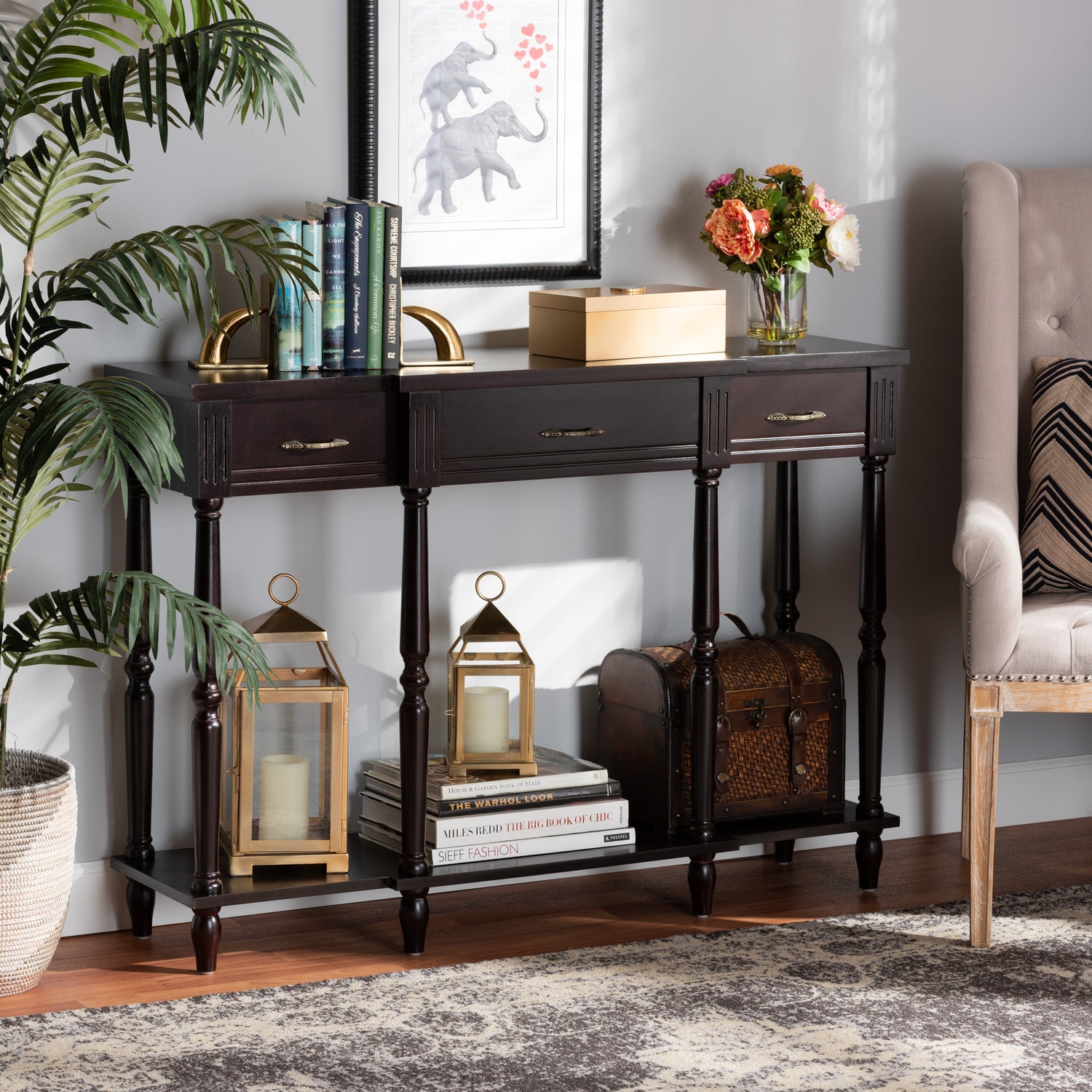 Hallan Console Table Classic and Traditional French Provincial Dark Brown Finished Wood 3-Drawer