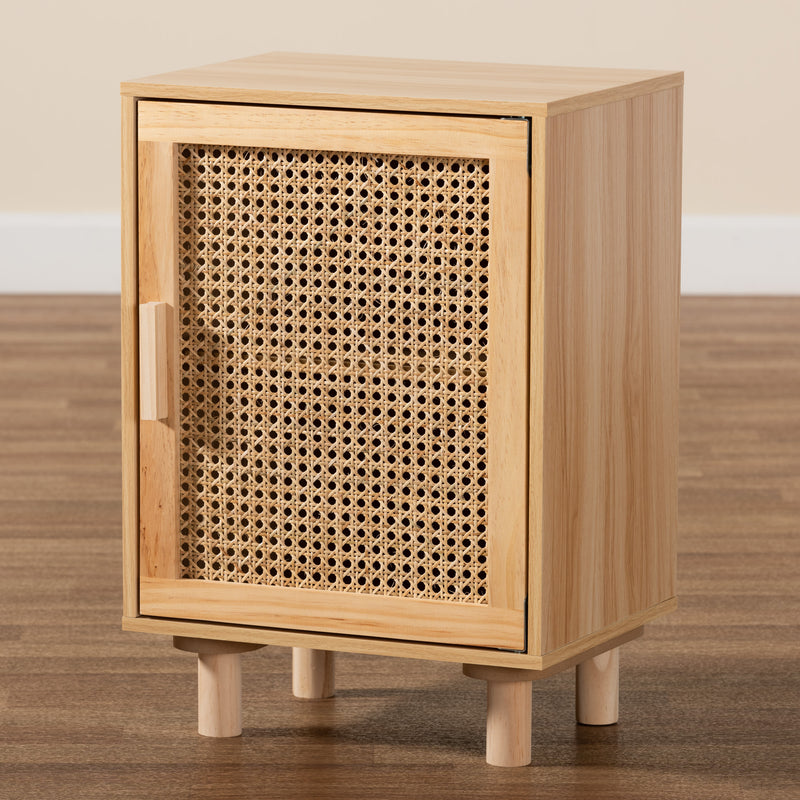 Maclean End Table - Mid-Century Modern Rattan and Natural Brown Wood, 1-Door Storage for Living Room or Bedroom