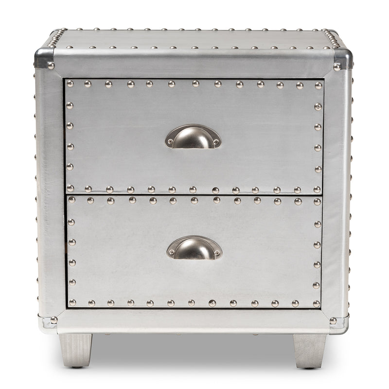 Davet Industrial End Table French Silver Metal 2-Drawer Nightstand for Living Room or Bedroom