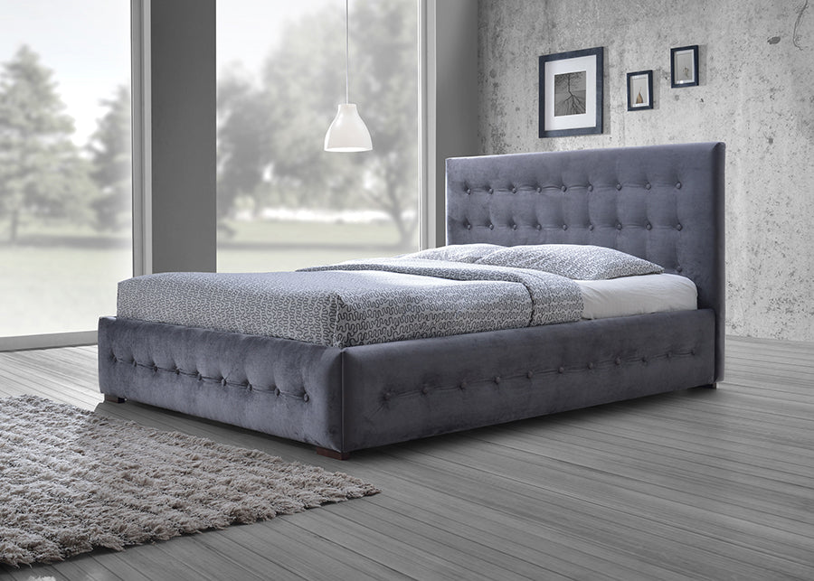 Margaret Queen Platform Bed Modern Contemporary Grey Velvet Button-Tufted Design for Stylish Bedroom Decor