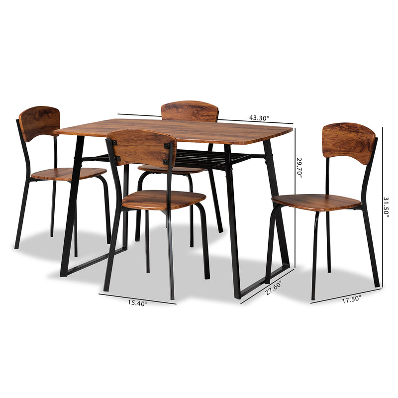 Elida 5-Piece Dining Set in Modern Contemporary Style with Walnut Brown Wood and Black Metal Accents