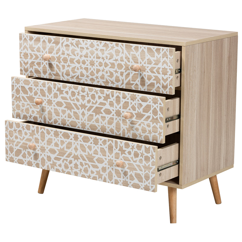 Beau Storage Cabinet Mid-Century Modern Design with Two-Tone White and Oak Brown Wood, Featuring 3 Drawers for Stylish Organization