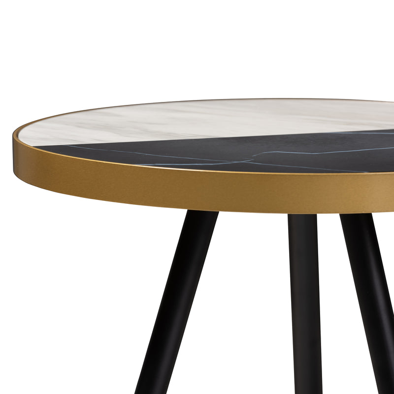 Lauro End Table Modern Round Glossy Marble with Two-Tone Black and Gold Metal Legs Stylish Accent Furniture for Living Room or Bedroom