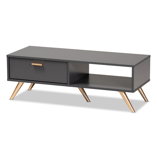 Kelson Coffee Table Modern Contemporary Dark Grey Wood Gold Finish Stylish Living Room Furniture Piece