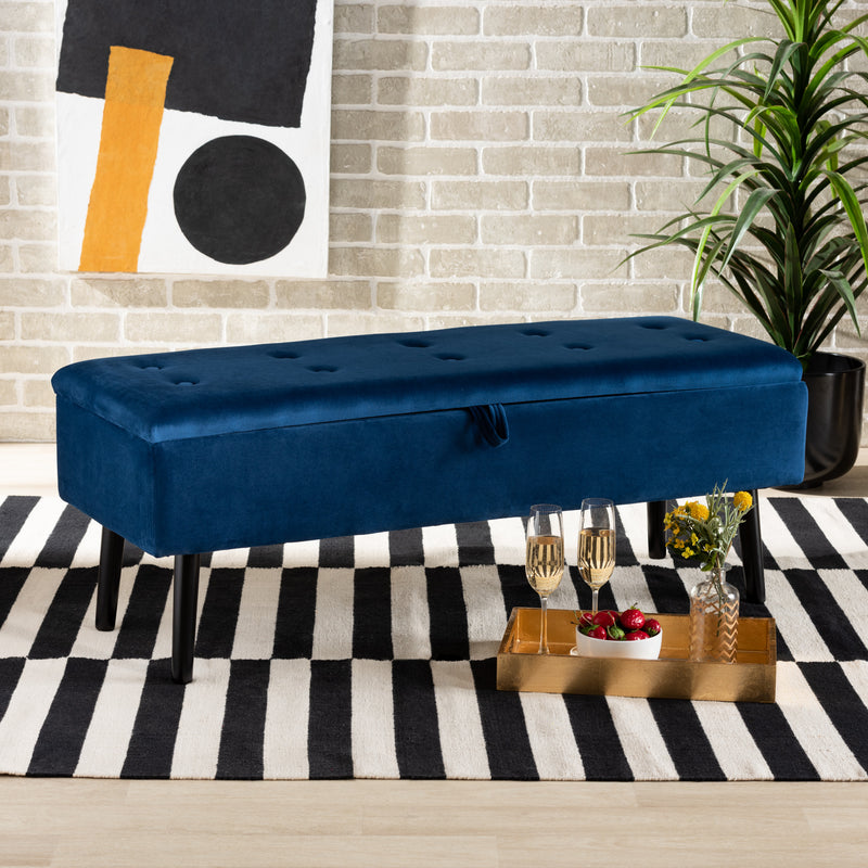 Caine Storage Bench Modern and Contemporary Black Velvet Fabric Upholstered with Dark Brown Finished Wood