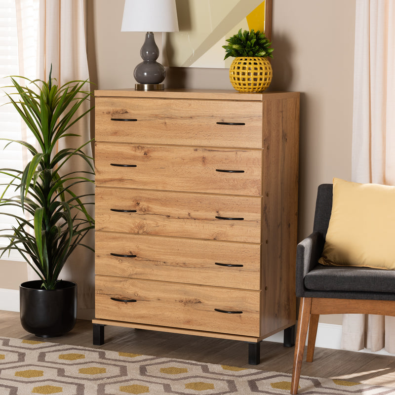 Maison 5-Drawer Storage Chest in Modern Oak Brown Finished Wood for Stylish Organization and Space-Saving Solutions