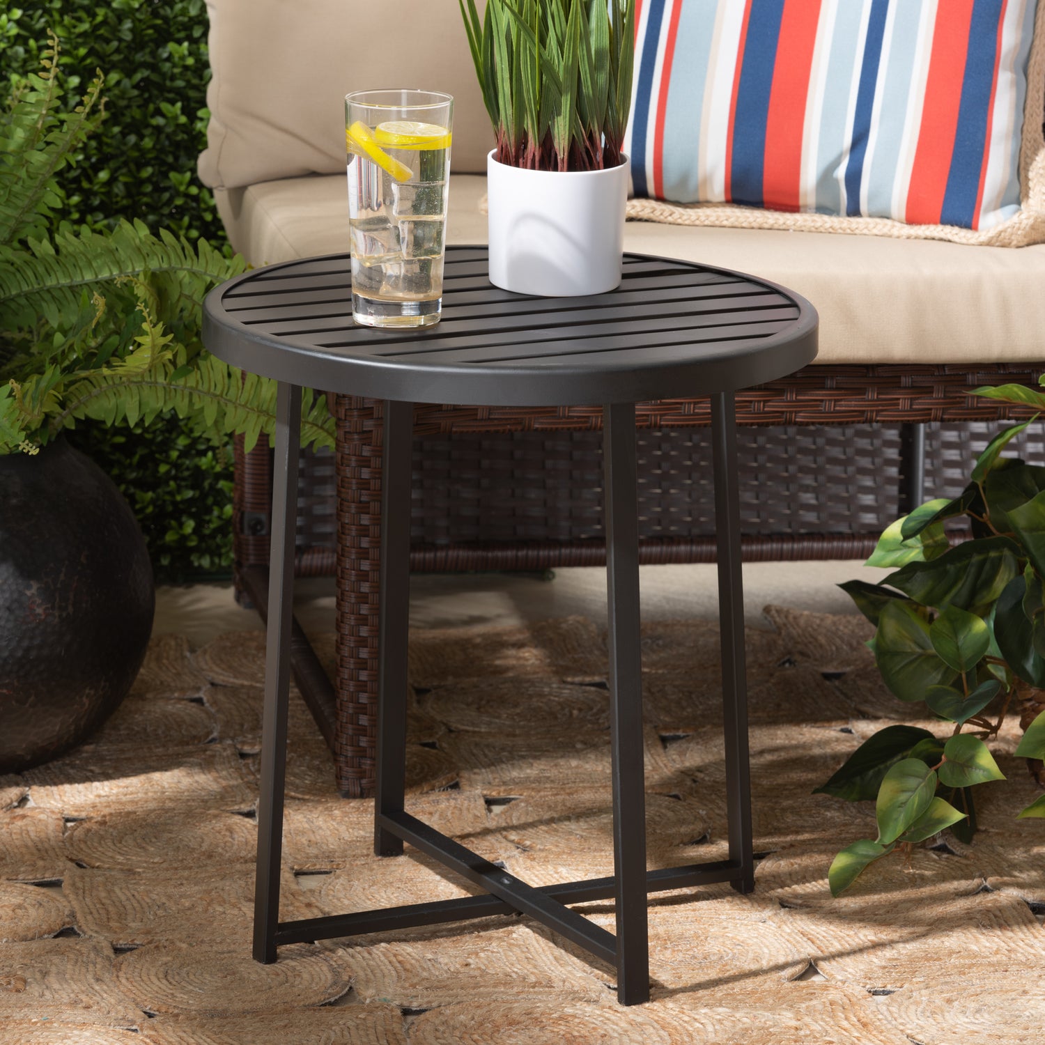 Sadiya Modern Industrial Outdoor Side Table with Black Metal Design for Patio and Garden Use