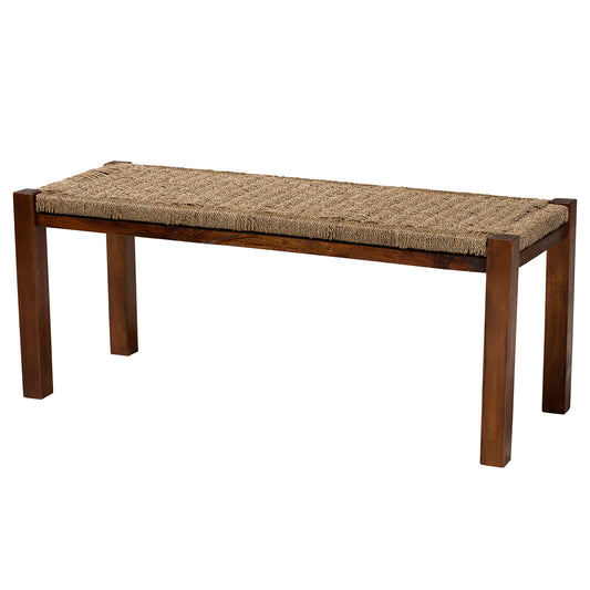 Hermes Bench Mid-Century Modern Design in Natural Seagrass and Mahogany Wood