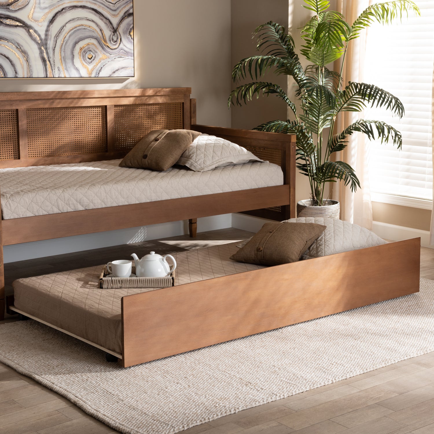 Toveli Twin Size Trundle Bed in Modern Ash Walnut Finish with Space-Saving Design and Versatile Functionality