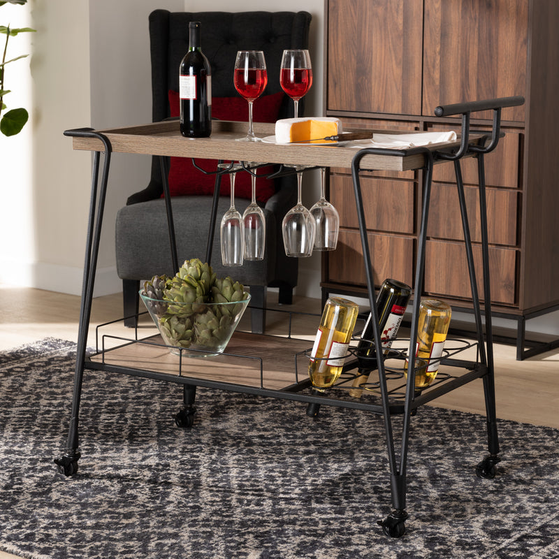 Perilla Wine Serving Cart - Modern Rustic Industrial Design with Oak Brown Wood and Black Metal, 2-Tier Storage for Home Bar