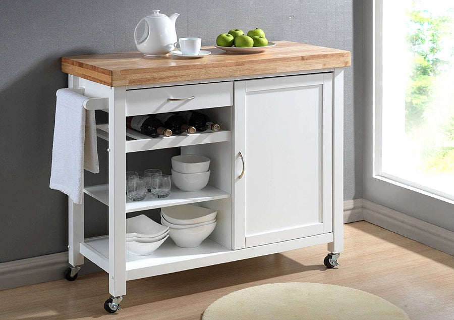 Denver Kitchen Cart White Modern Design with Storage and Wheels for Easy Mobility