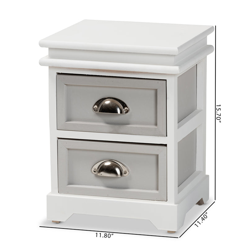 Cachet Modern Two-Tone Grey and White Wood End Table with 2 Drawers for Stylish Living Room Storage