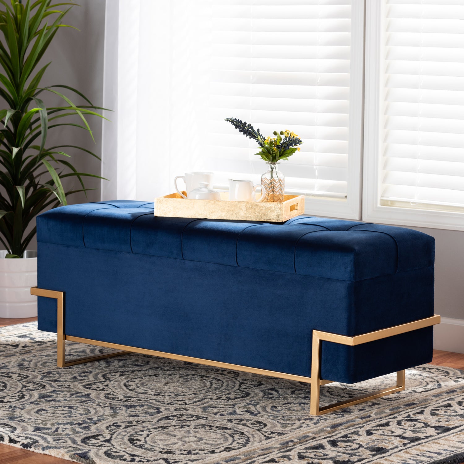 Parker Glam Luxe Storage Ottoman Navy Blue Velvet Gold Metal Finish for Stylish Home Organization