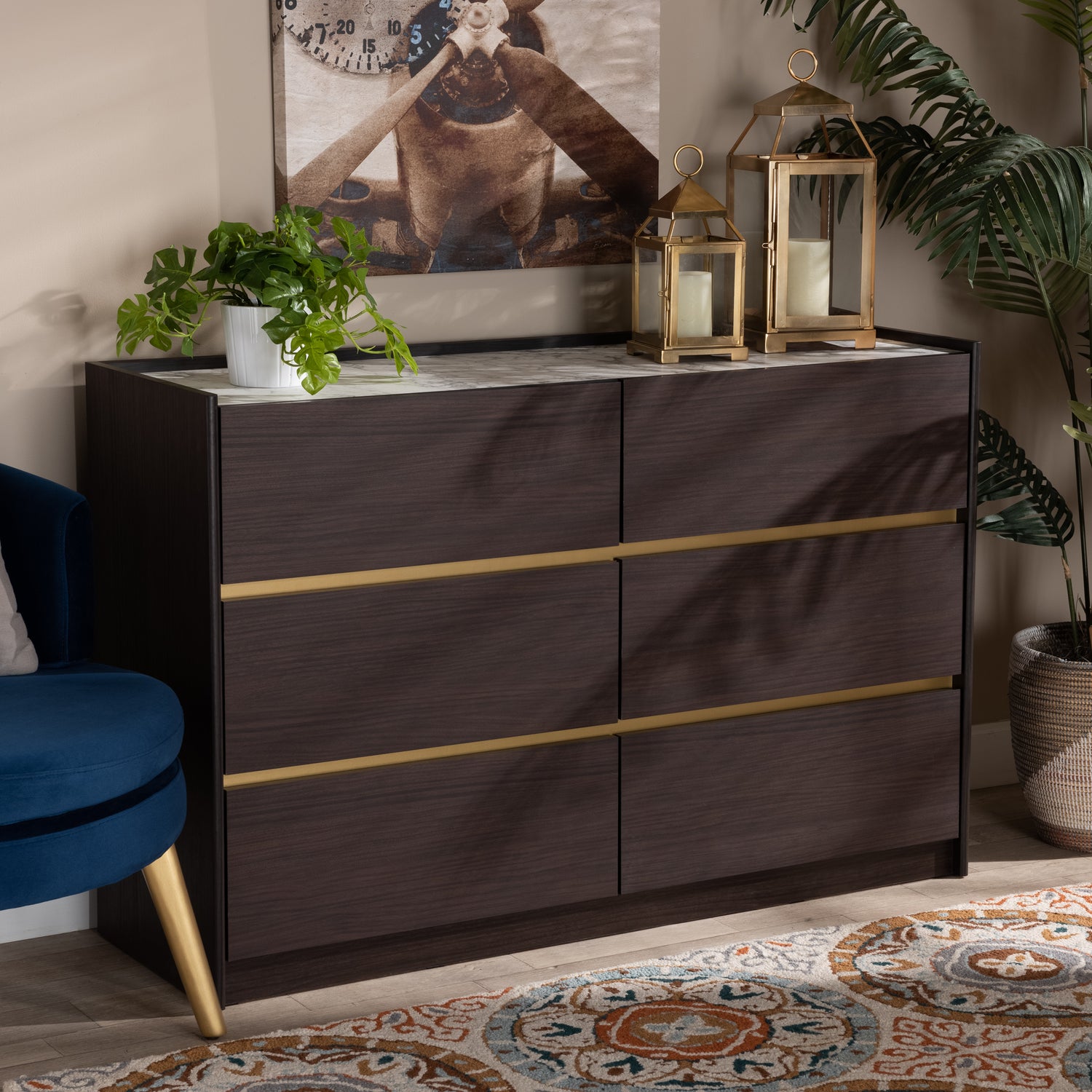 Walker Modern Contemporary 6-Drawer Dresser in Dark Brown and Gold with Faux Marble Top for Stylish Bedroom Storage