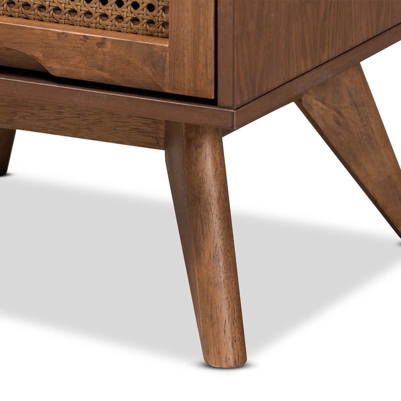 Barrett Mid-Century Modern Nightstand Walnut Brown Wood with Synthetic Rattan Featuring 2 Drawers for Stylish Storage