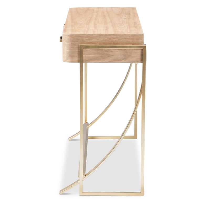 Lafoy Console Table Modern Contemporary Design Natural Brown Wood Gold Accents 2 Drawers for Storage