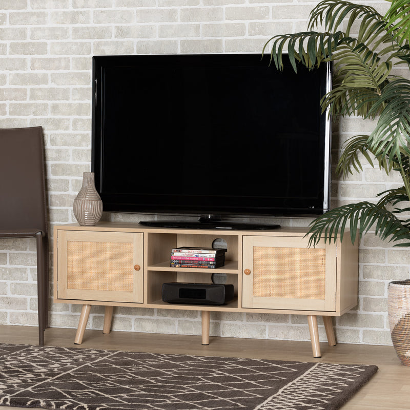 Sebille Mid-Century Modern TV Stand Light Brown Wood with 2 Doors and Natural Rattan Accents