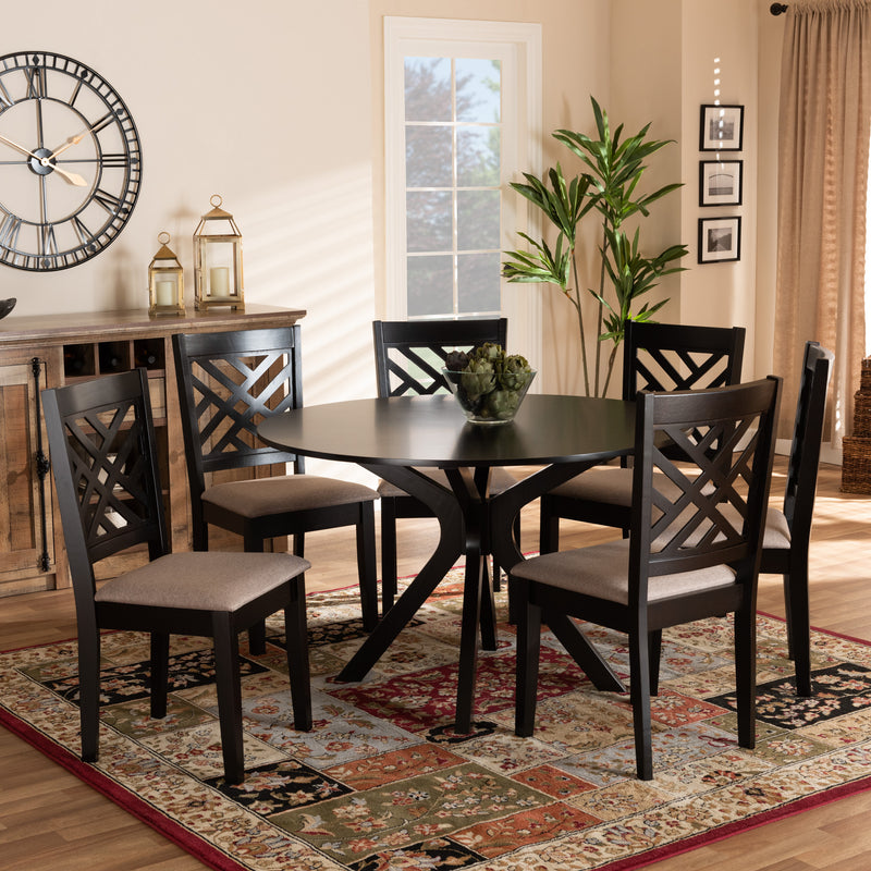 Norah Dining Set Modern Contemporary Grey Fabric Upholstered Dark Brown Finished Wood 7-Piece