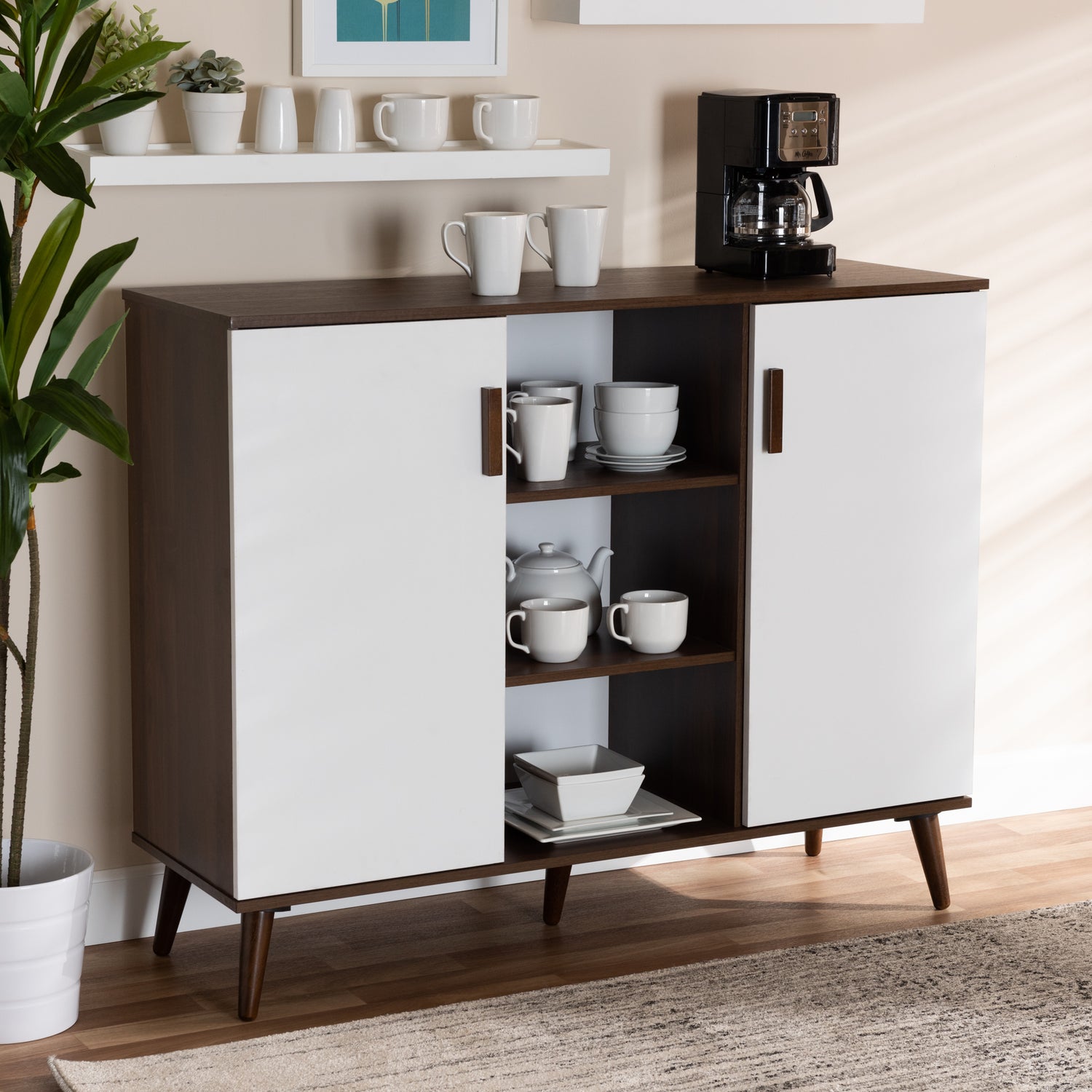 Quinn Mid-Century Modern Sideboard Two-Tone White and Walnut Finished 2-Door Wood Storage Cabinet for Dining Room