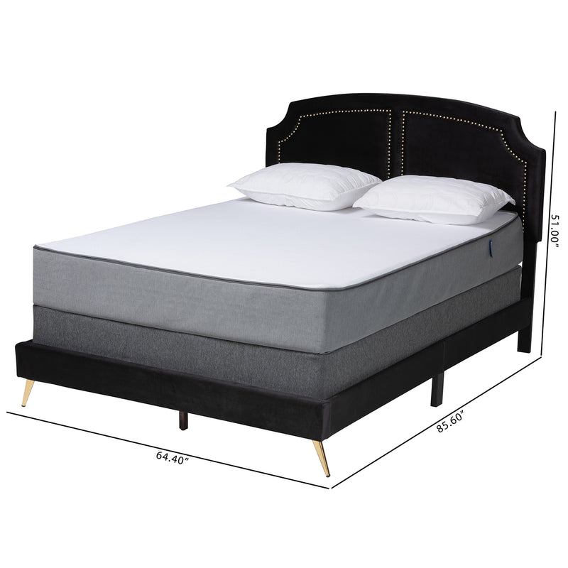 Oxley Queen Size Panel Bed in Glam Black Velvet with Gold Accents