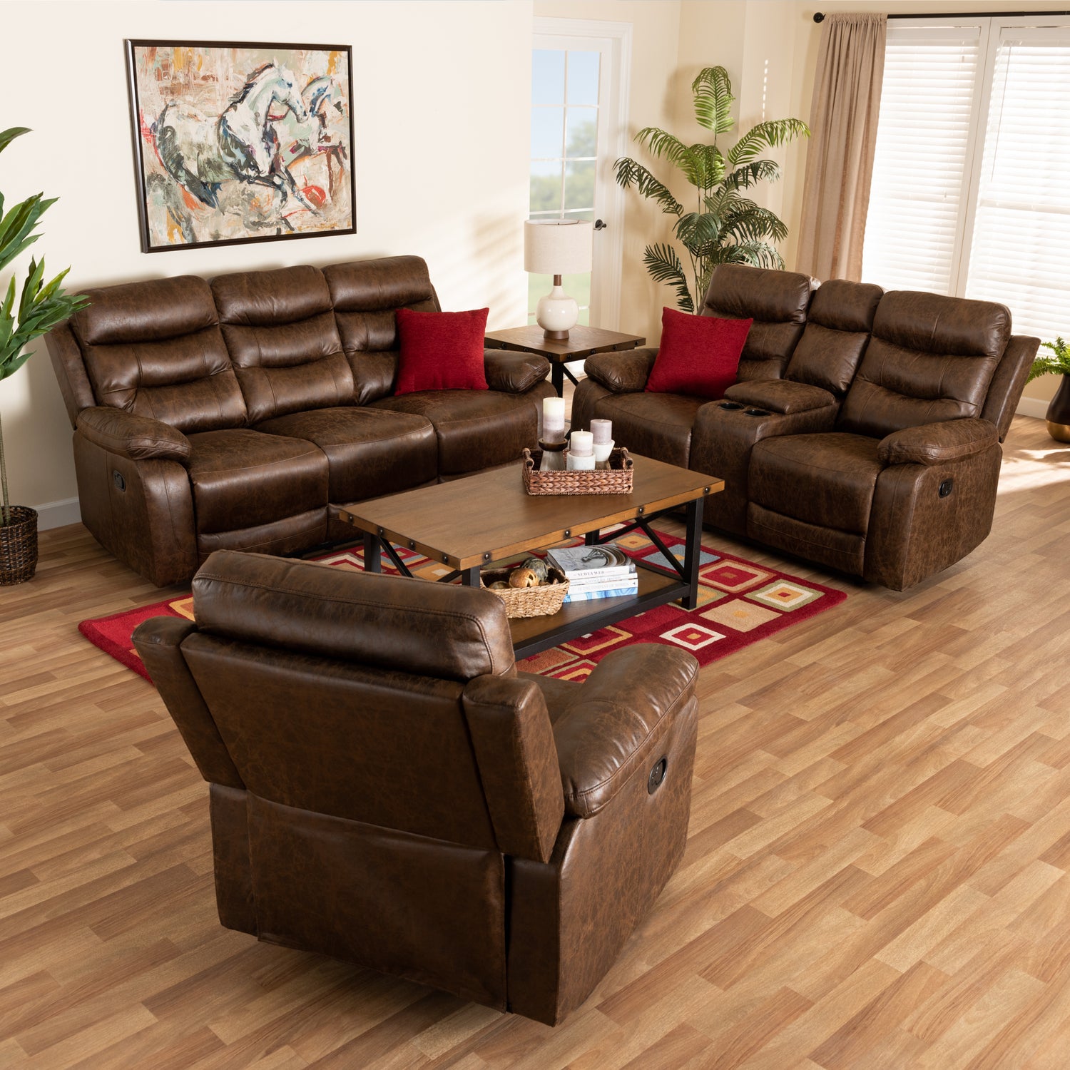 Beasely Modern 3-Piece Living Room Set in Distressed Brown Faux Leather Upholstery