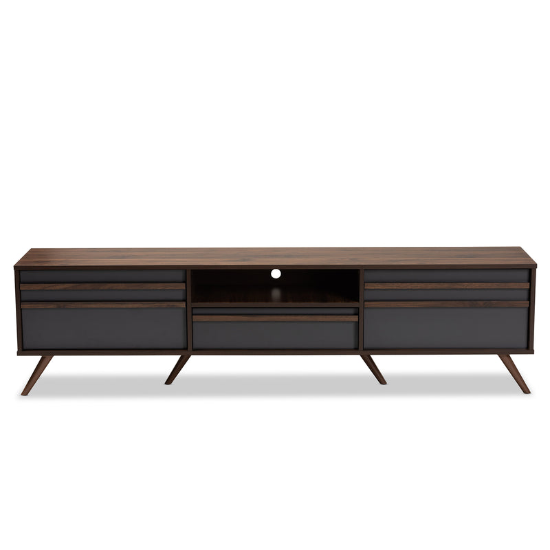 Naoki TV Stand - Modern Two-Tone Grey and Walnut Wood with Drop-Down Compartments for Stylish Living Room Storage